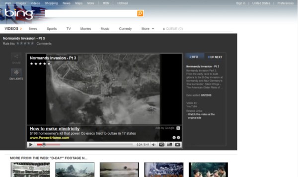 Bing displays videos from some services in a much more appealing layout than Google.
