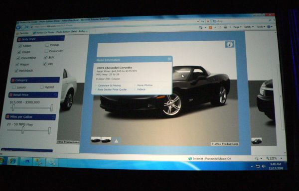 A Silverlight-based application for Kelley Blue Book, demonstrated during the Day 1 keynote at PDC 2009.