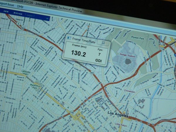 Microsoft's Dean Hachamovitch demonstrates slow GDI and fast Direct2D road map rendering and scrolling using Direct2D.
