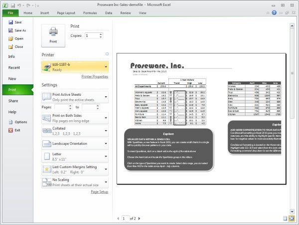 Excel 2010 BackStage screenshot