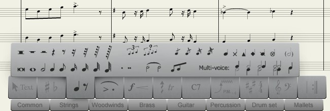 The new palette in Notion 3, a one-level system for retrieving any symbol available for scoring.