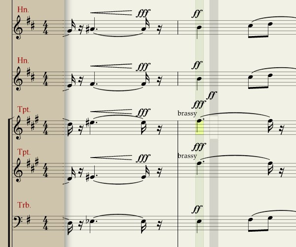 Editing a score in Notion 3 -- in this case, replacing a fortississimo (fff) with a fortissimo (ff).