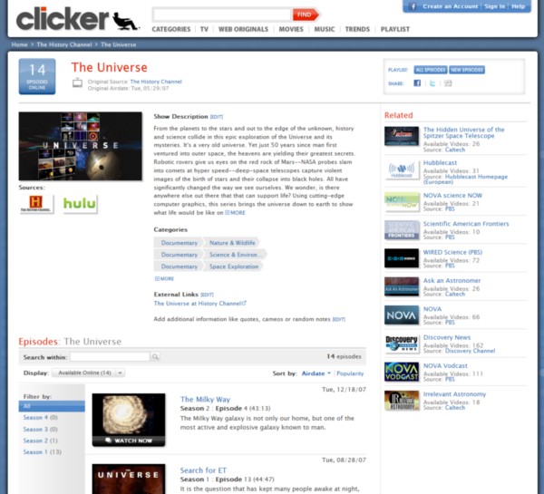 A sample page from Clicker.com, a search engine for video content.