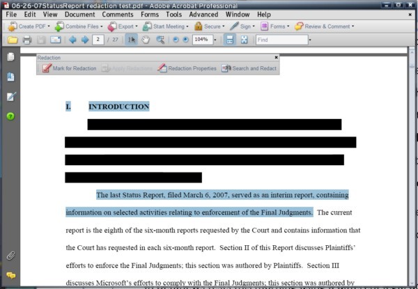 The redaction tool at work in Adobe Acrobat Professional 8, on a document other than the one involved in the TSA security incident.