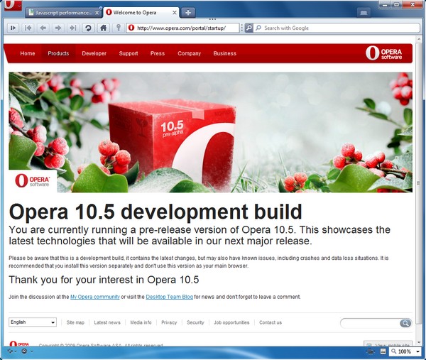 The new front end of Opera, from the version 10.5 'pre-alpha' released December 22, 2009.
