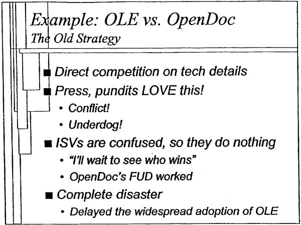 A slide from a 2000 Microsoft presentation from technical evangelist James Plamondon.  [Courtesy Groklaw]