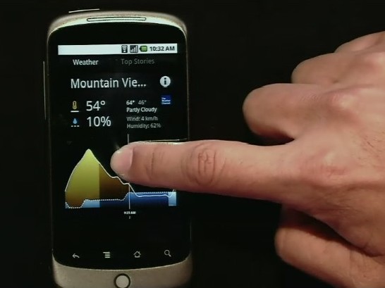 Google's Eric Tseng demonstrates the touchable weather app on Nexus One, which he described as 'Google-y.'