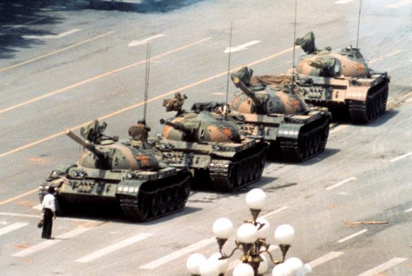 History's most iconic living symbol of the individual's stand against government oppression: one brave Chinese citizen against a column of tanks.