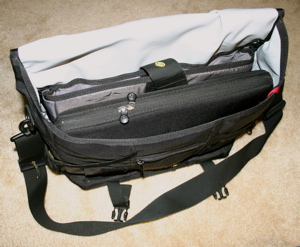 camera rig in laptop case in shoulder bag