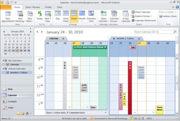 A look at the calendar sharing feature from the public beta of Outlook 2010, which is reliant upon Microsoft Exchange.
