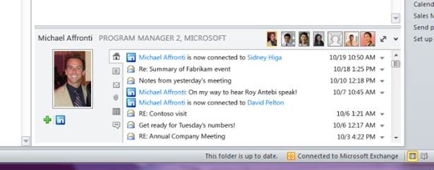 A snippet from the activities list that appears beside a contact or a contact's e-mail message, in Outlook 2010 with Social Connector attached.  [Courtesy Microsoft]