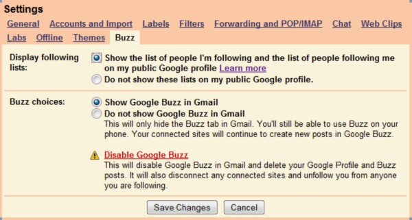 The new Buzz settings tab in Google Gmail.