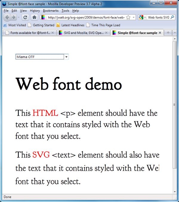 A @font-face rendering test using both HTML and SVG paragraphs, shown in Mozilla Firefox 3.7 Alpha 2.