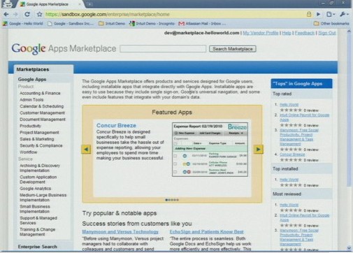 The front page of Google Apps Marketplace, as presented for the first time during a Google Campfire One presentation, March 9, 2010.