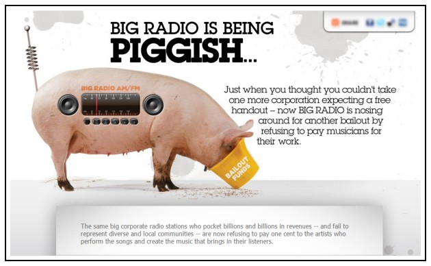 The front page of PiggyRadio.com, produced by the Radio Accountability Project on behalf of performers' rights holders.