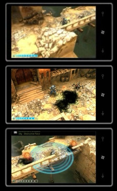 Three screens from the 3D game The Harvest, adapted from Xbox 360 to Windows Phone 7 Series using XNA Game Studio 4.0, from MIX 10.
