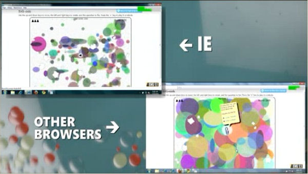 In IE9 and Google Chrome, Clippy gets lost in a sea of translucent circles, but in the IE9 version, you can still see him.  From MIX 10.