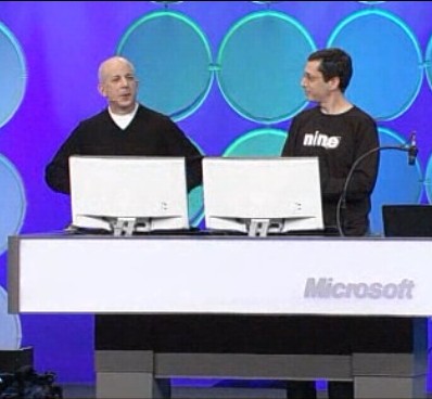 Microsoft Windows Division President Steven Sinofsky duels IE9 General Manager Dean Hachamovitch, in a demonstration that the IE9 chassis renders more like a computer, at MIX 10 on March 16.