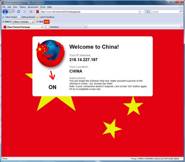 The ChinaChannel.hk plug-in to Firefox 3.0 bravely makes efforts to connect us with a China-based proxy.