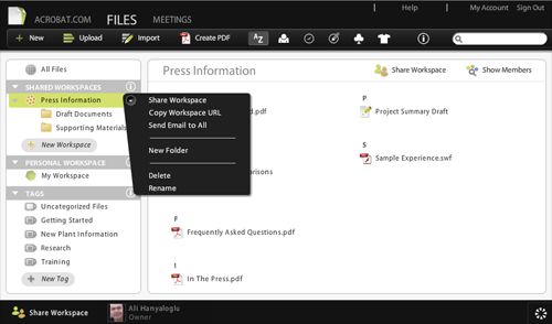 An Acrobat.com workspace being shared.  [Screenshot courtesy Adobe]