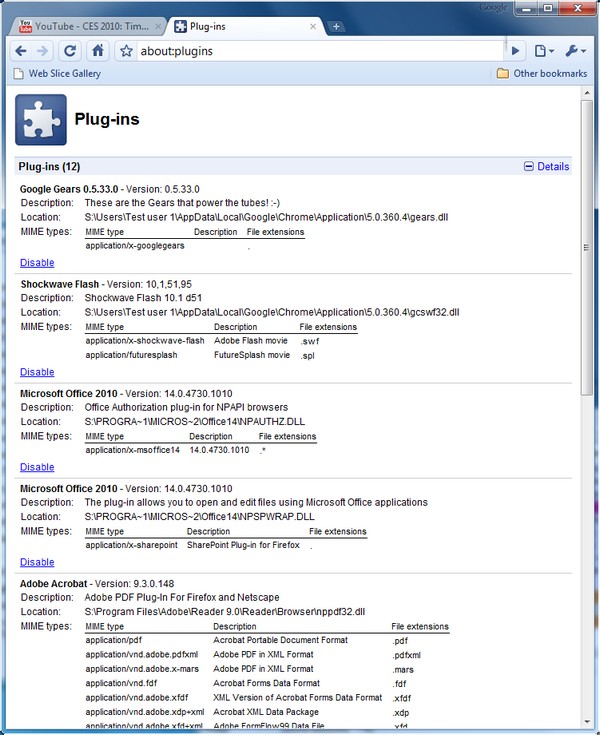 plugins dialog in Google Chrome 5 dev build 360.4.