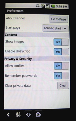 Fennec Alpha for Android Settings