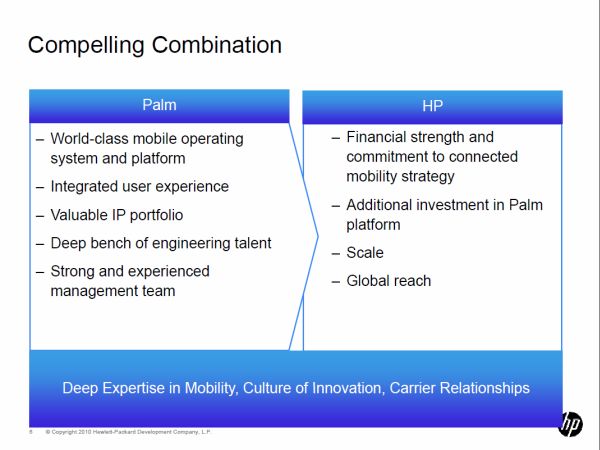 The formula HP perceives for its synergies with Palm, from an investors presentation April 28, 2010.