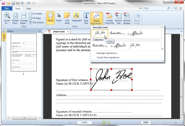 Nitro PDF Reader enables a fairly simple, though tremendously useful, quick feature: a way to sign any form using a scan of your signature.