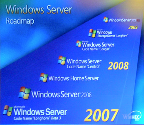 The roadmap for Windows Server as demonstrated by Microsoft's Bill Laing at WinHEC Day 2.